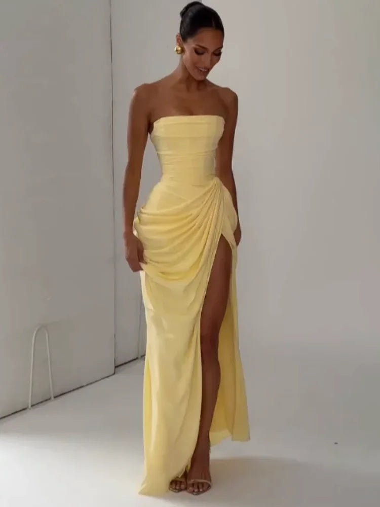 Elegant Yellow Strapless Pleated Dress Women Chic Sleeveless Waist Cinching Split Maxi Gowns Lady Evening Party Dresses 2026 New