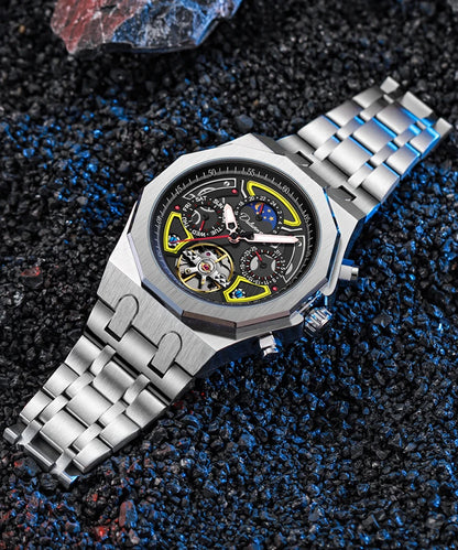 Luxury Tourbillon Watches Men Fashion Sport Rubber Strap Moon Phase Date Waterproof Automatic Mechanical Wrist Watch Man Reloj
