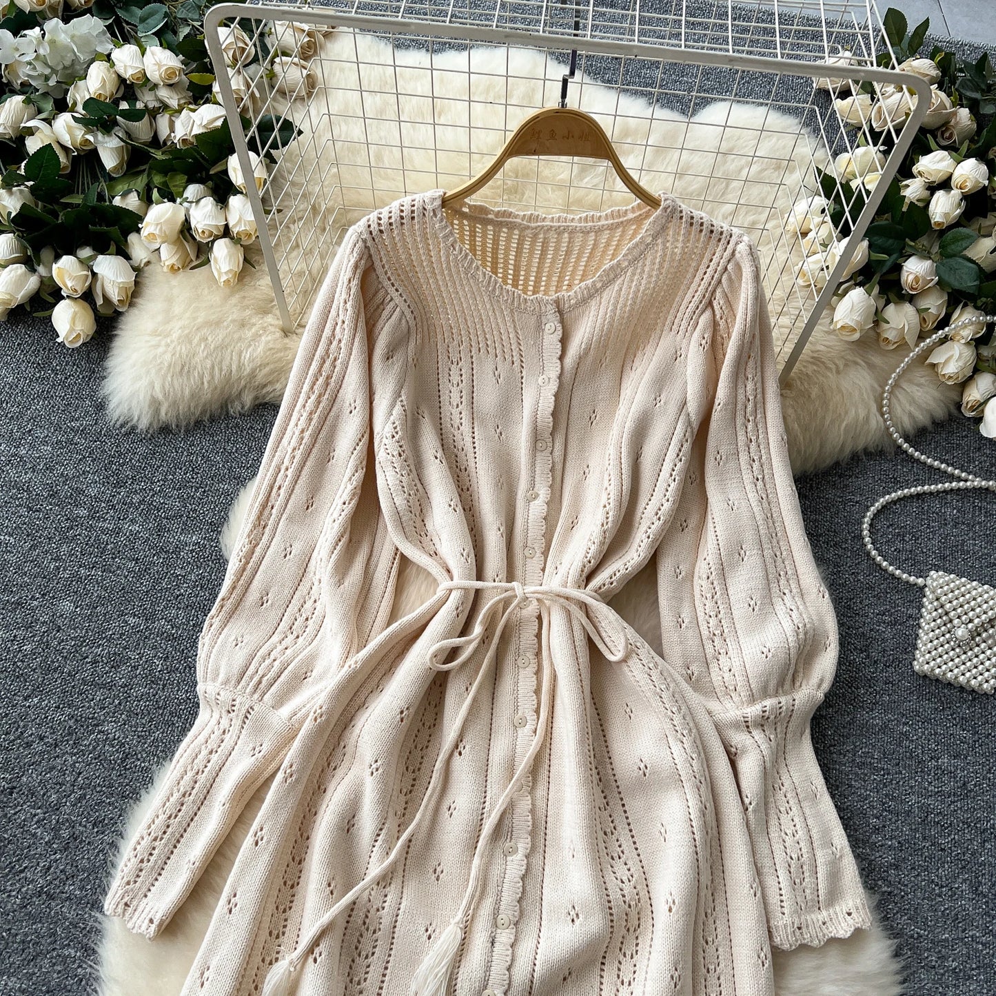 Women's Solid Single Breasted Hollow Out Knit Lace-up Dress Autumn Fashion Round Neck Elegant Festival Sweater Long Dresses 2024