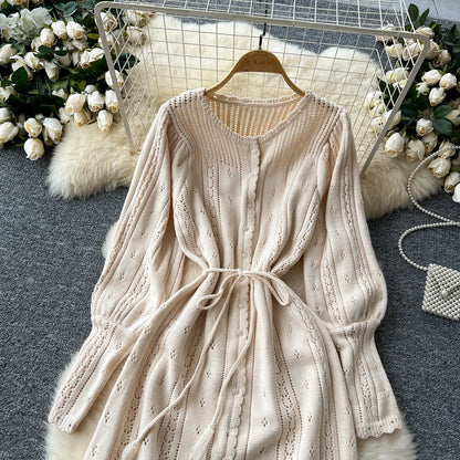 Women's Solid Single Breasted Hollow Out Knit Lace-up Dress Autumn Fashion Round Neck Elegant Festival Sweater Long Dresses 2024
