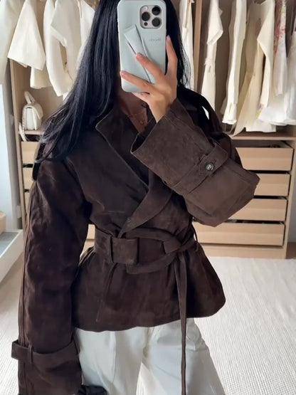 Women's Faux Suede Cropped Trench Coat Jacket Belted Notched Lapel Lace-up Retro Chic Outerwear Spring New High Street Outfit