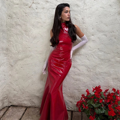 Sexy Turtleneck Leather Long Dresses 2026 Spring New Ladies Slim Sleeveless Bodycon Dress Women's Solid Nightclub Party Gowns