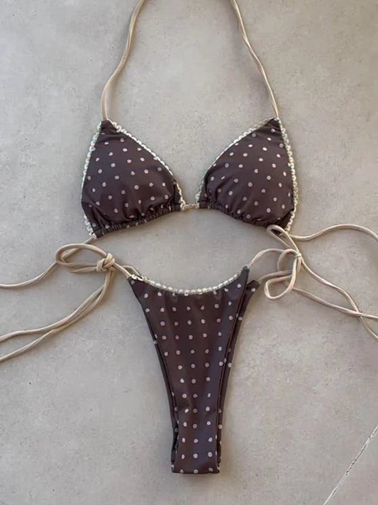 2025 New Sexy Low Waisted Bikini Set Swimsuit Swimwear Women Strappy Print Dot Lace Halter Beachwear Bathing Suit biquini Female