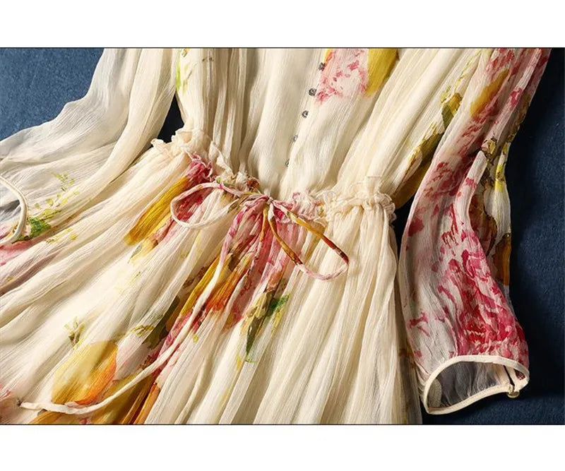 Limiguyue Summer Floral Print Silk Dresses Double Layers Ruffle Beaded Button A-Line Dress Elegant Chiffon Long Vestidos Z044
