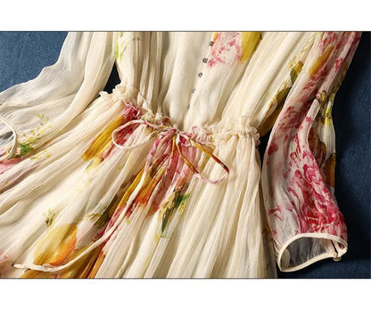 Limiguyue Summer Floral Print Silk Dresses Double Layers Ruffle Beaded Button A-Line Dress Elegant Chiffon Long Vestidos Z044