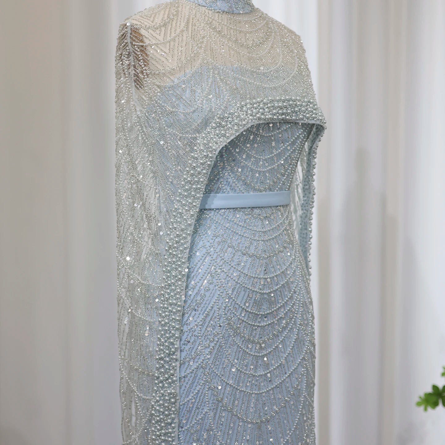 Sharon Said Luxury Pearls Dubai Champagne Evening Dresses with Cape New Arabic Women Mermaid Wedding Party Prom Dress SS369