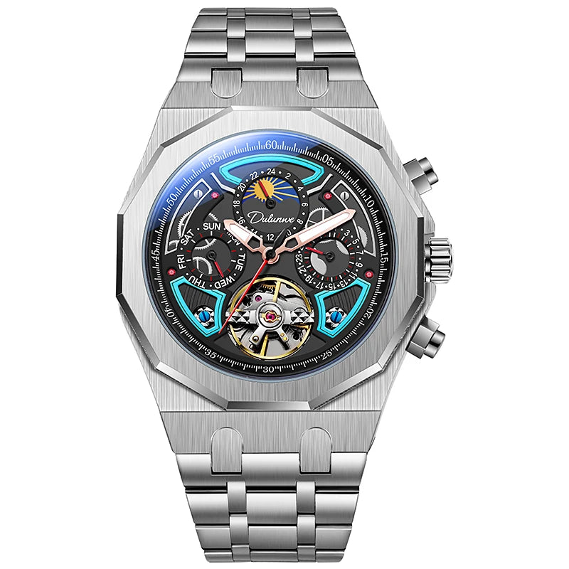 Luxury Tourbillon Watches Men Fashion Sport Rubber Strap Moon Phase Date Waterproof Automatic Mechanical Wrist Watch Man Reloj