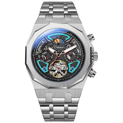 Luxury Tourbillon Watches Men Fashion Sport Rubber Strap Moon Phase Date Waterproof Automatic Mechanical Wrist Watch Man Reloj