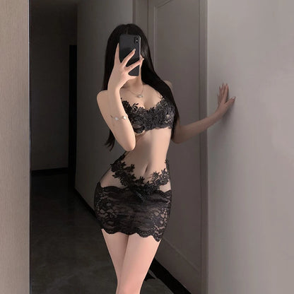 Sexy Lace Backless Slip Black Mini Summer Dress Women See Through Mesh Beach Club Party Vacation Evening Short Dresses Pajamas