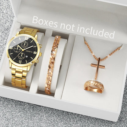 4PCS Men Business Watches Fashion Steel Band Analog Male's Quartz Watch Jewelry Set Relogio Masculino Clock Gift（Without Box）