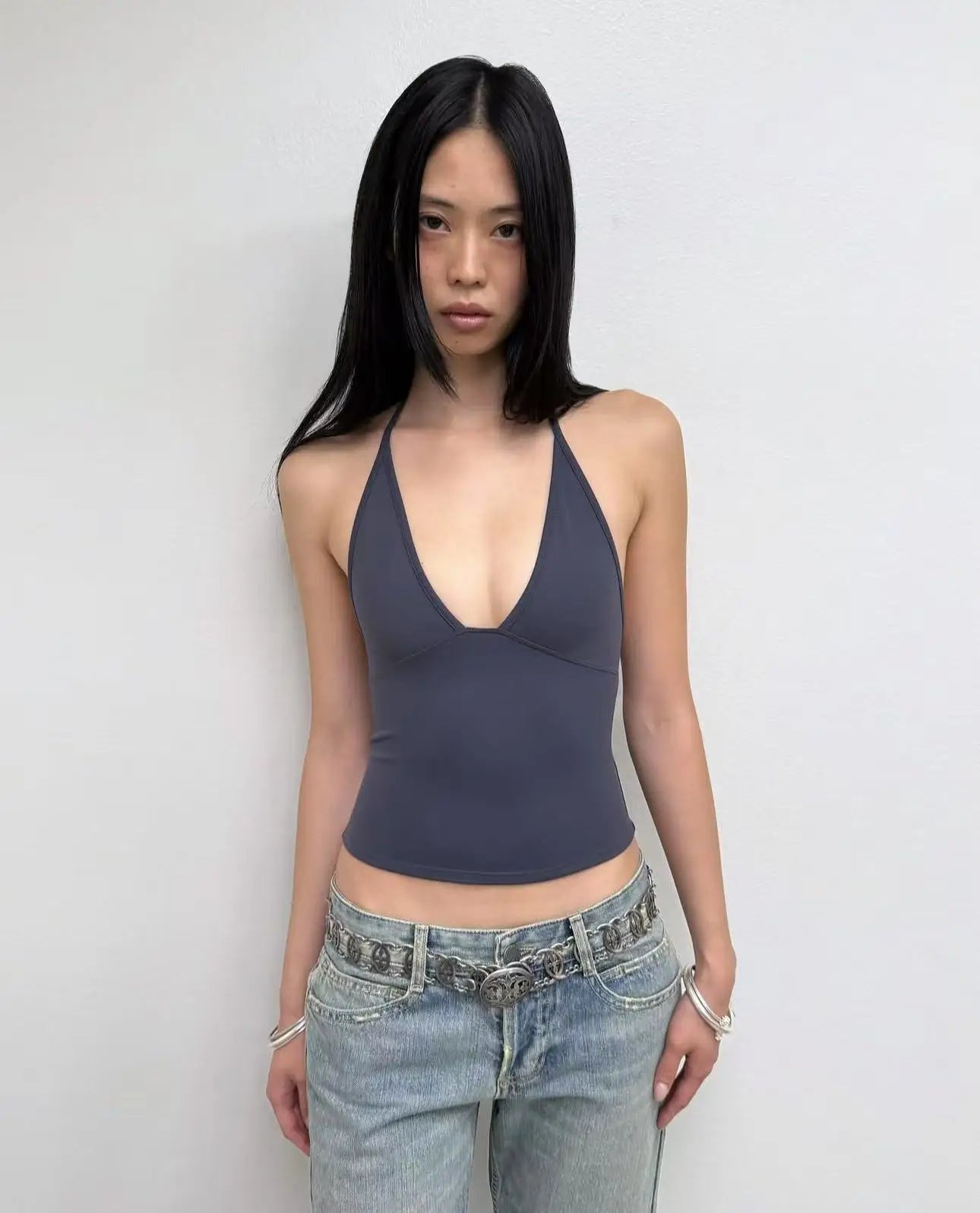 Tank triangle cup halter V-neck backless crop top Hayley's same style strappy top low-cut backless top