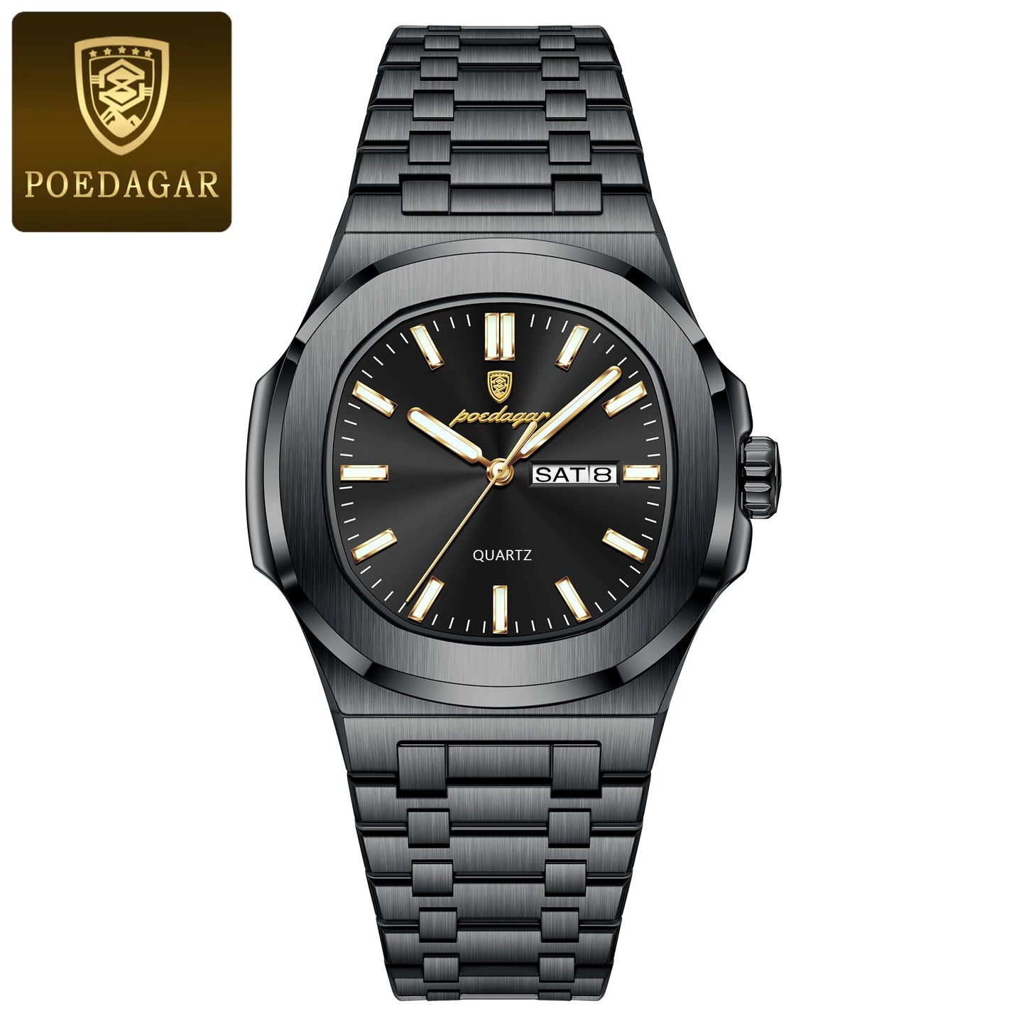 POEDAGAR Classic Square Men Wristwatch Waterproof Luminous Date Week Casual Man Clock Stainless Steel Men's Quartz Watches Reloj