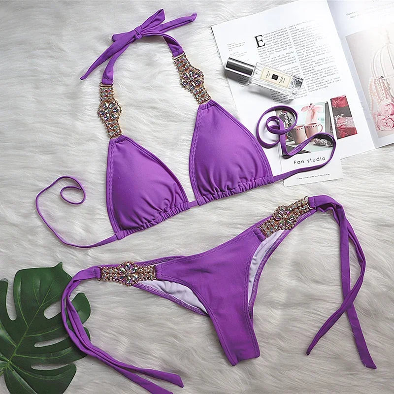 2026 Shiny Rhinestone Diamond Bikini Women Swimsuit Female Swimwear Two Pieces Bikini Set Halter Metal Chains Bathing Suit Swim