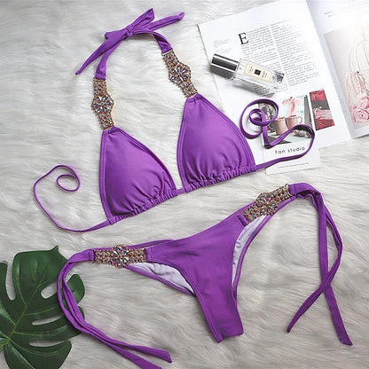 2026 Shiny Rhinestone Diamond Bikini Women Swimsuit Female Swimwear Two Pieces Bikini Set Halter Metal Chains Bathing Suit Swim