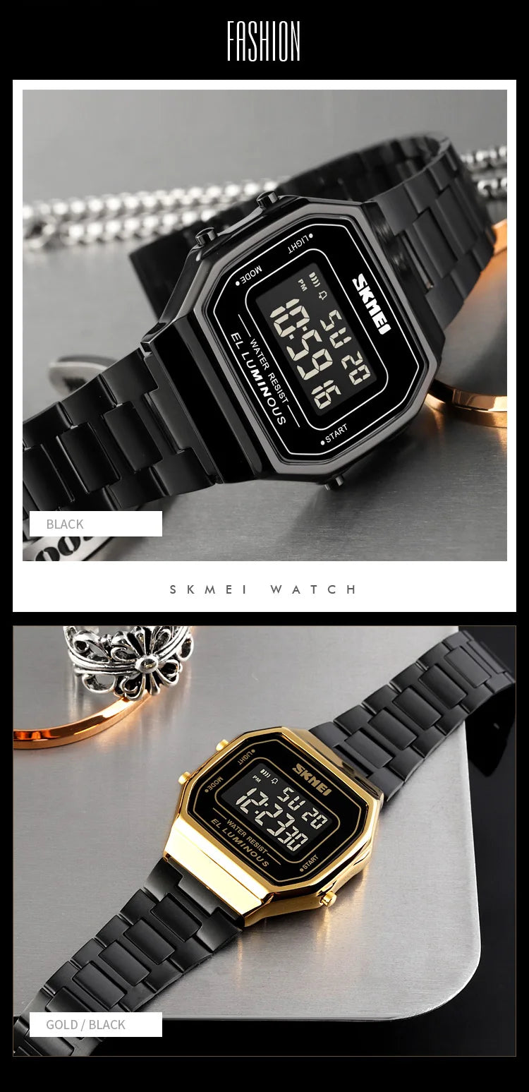 SKMEI 1647 Casual Simple Mens Wristwatches Stainless Steel Band Waterproof Watch Men reloj hombre Retro LED Digital Male Watches