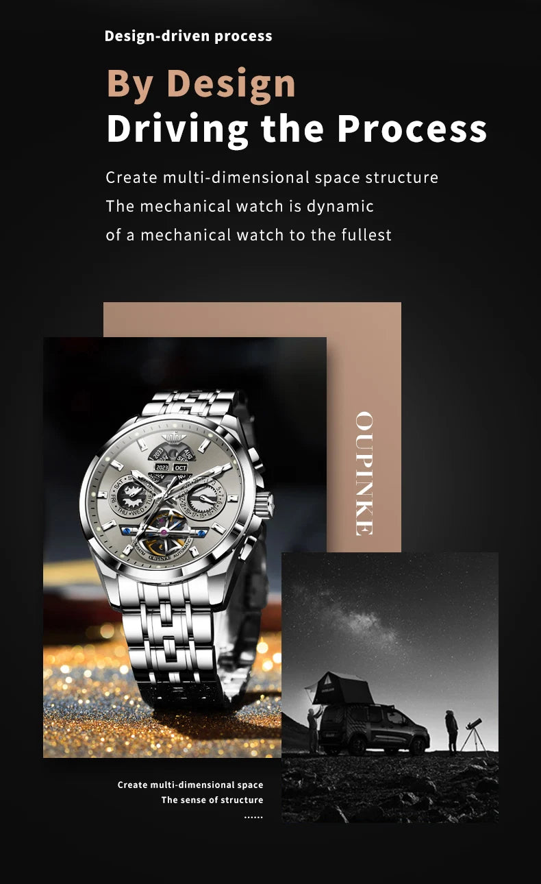 OUPINKE 3251 Men's Watches Flywheel Automatic Mechanical Original Wristwatch for Man Waterproof Luminous Perpetual Dual Calendar