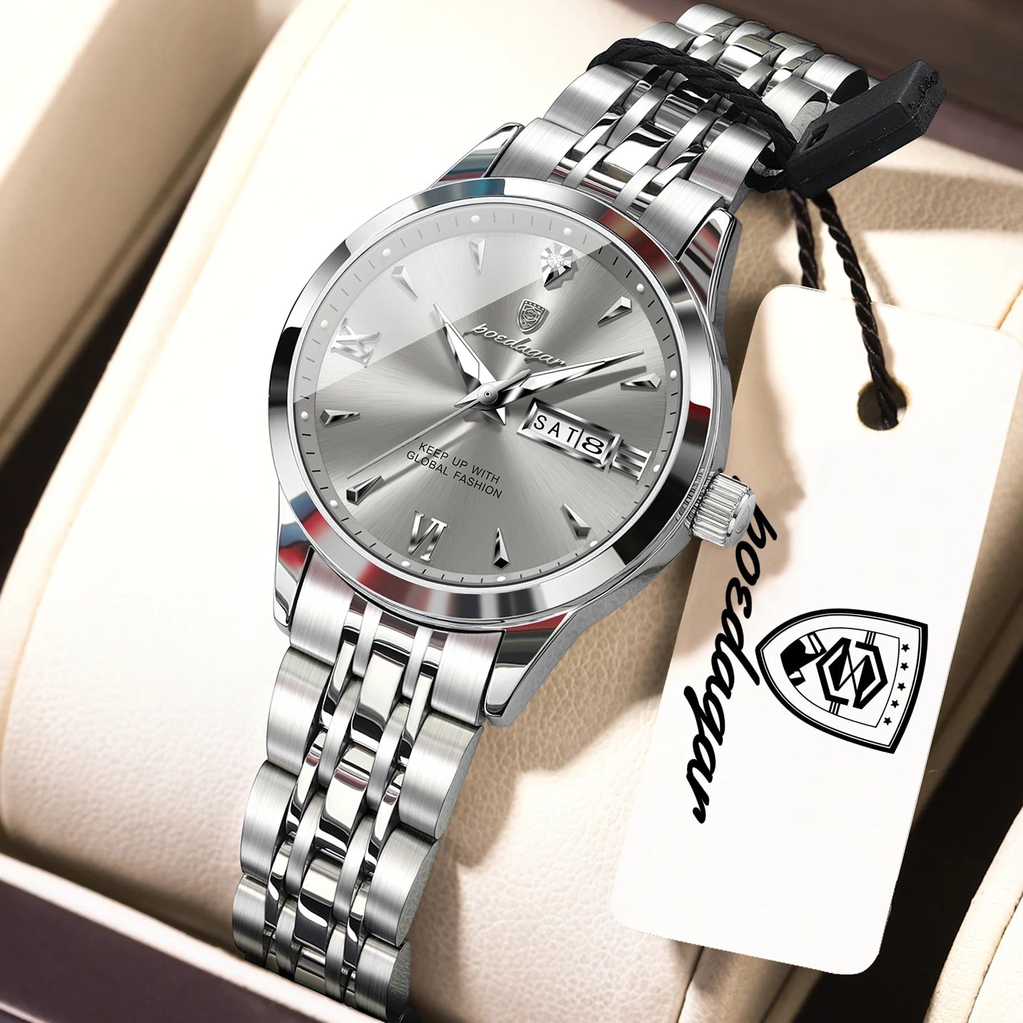 POEDAGAR Elegant Woman Watch Waterproof Luminous Date Week Ladies Wristwatch Stainless Steel Quartz Fashion Women's Watches Gift