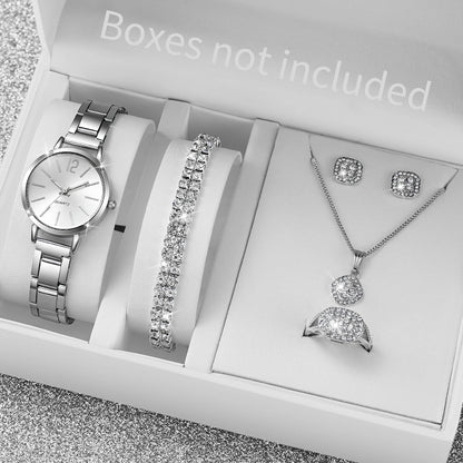 6PCS/Set Fashion Women's Quartz Watch Stainless Steel Band Wrist Watches Diamond Jewelry Set(Without Box)