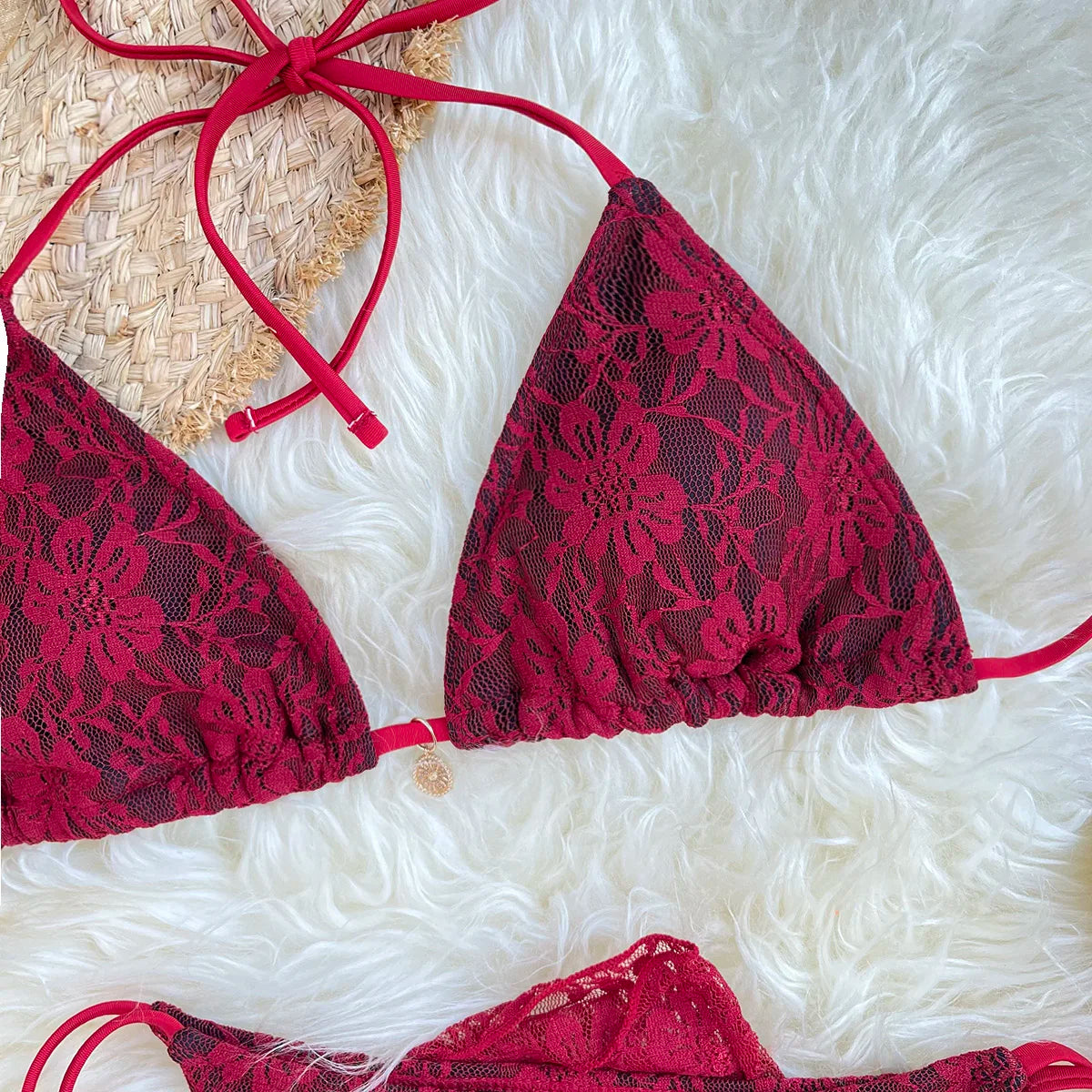 Lace Fabric Three-pieces Swimsuit Set With Sarong Bikini Inspired Women's Swimwear Beachwear Bathing Suit Vacay Outfit Biquini