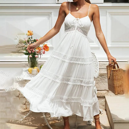 Ashgaily White Dress Women Halter Cotton Long Dress Lace Elegant Party Outfits Ladies Sexy Club Clothes