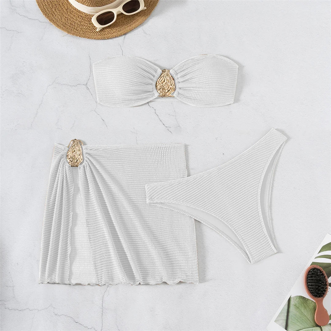 5 Colors With Skirt Bandeau Bikini Female Swimsuit Women Swimwear Three-pieces Bikini set Padded Bather Bathing Suit Swim V6624