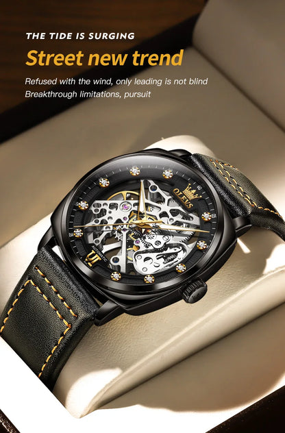 OLEVS 6651 Transparent Hollow Automatic Watches for Men Leather Strap Tonneau PUNK Style Mechanical Writwatch Luxury Man Watch
