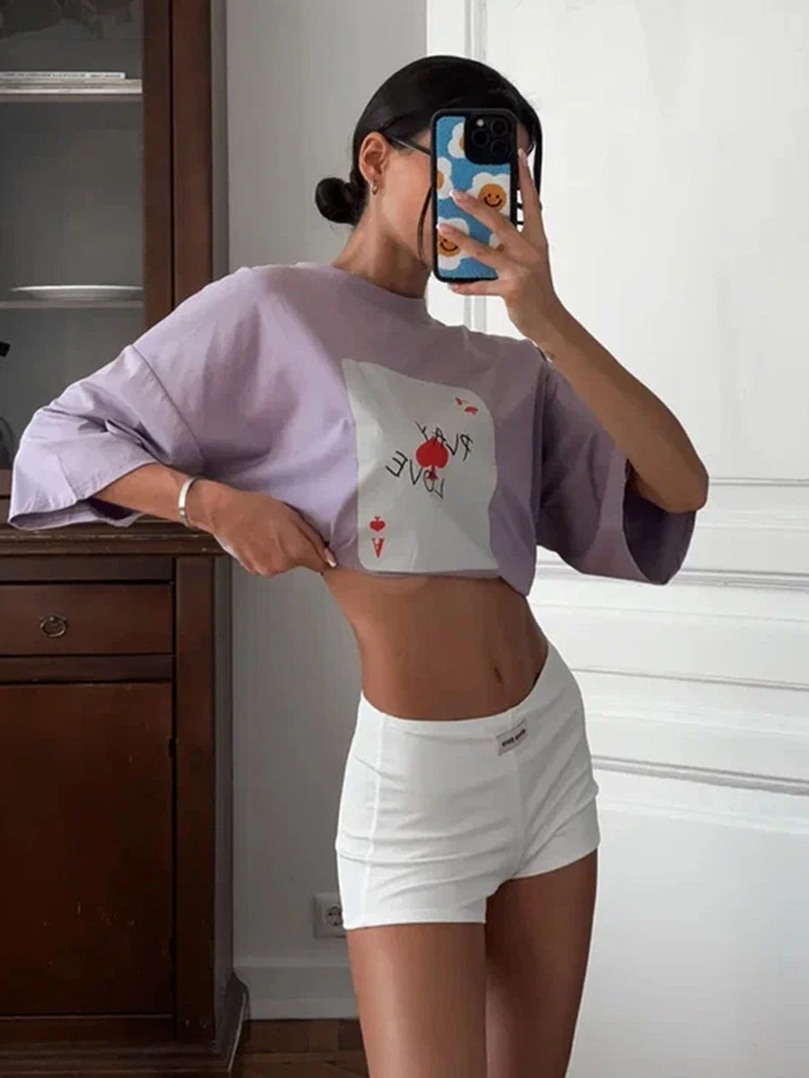 Bornladies 100% Cotton Poker Card Printed T-Shirt Women's Fashionable O-Neck Loose Short Sleeved Female Summer New Casual Top
