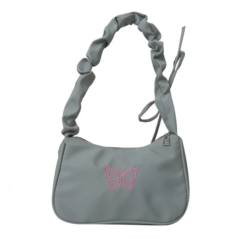 Embroidery Bowknot Butterfly Shoulder Bag Y2k-Style Ruffle Handle Nylon Bow Tote Bag Makeup Lipstick Bag Handbag New