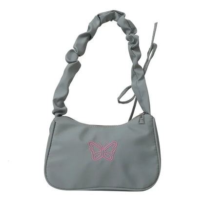 Embroidery Bowknot Butterfly Shoulder Bag Y2k-Style Ruffle Handle Nylon Bow Tote Bag Makeup Lipstick Bag Handbag New