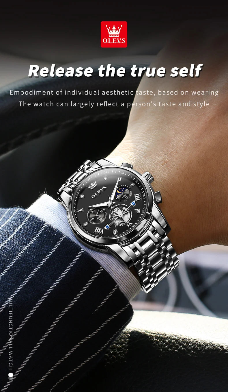 OLEVS 2856 Original Watches Man Multifunctional Chronograph Quartz Watch Waterproof Luminous Moon Phase Watches For Man Reloj