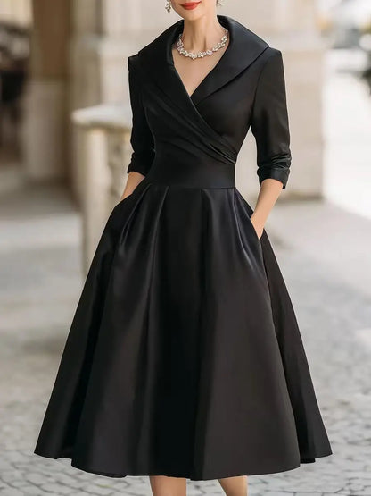 Office Lady Slim A-Line Dress Women 2025 Autumn Winter Fashion Long Sleeve Turn-down Collar Maxi Dresses Elegant Vestidos