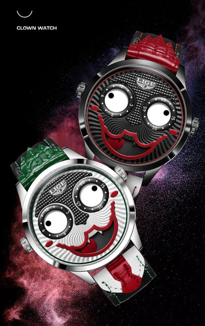 LIGE 2025 Creative Watches For Men Clown Fashion Quartz Wristwatches Waterproof Leather Strap Mens Watch Cool Joker Reloj Hombre