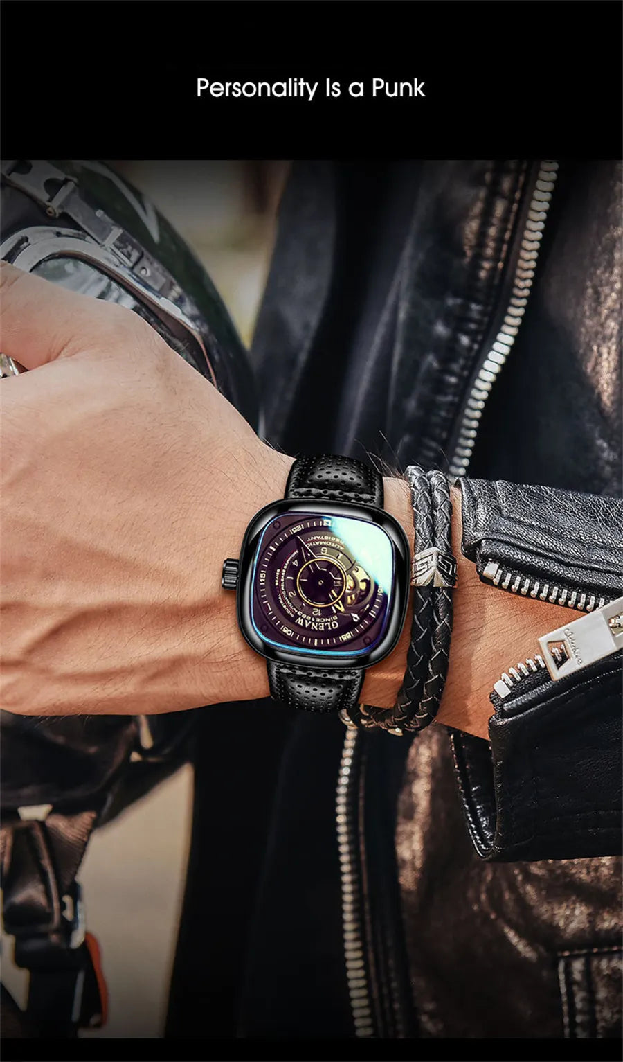 GLENAW Mechanical Watch for Men Breathable Leatherstainless Steel Automatic Skeleton Mens Watches Top Brand Luxury Reloj Hombre