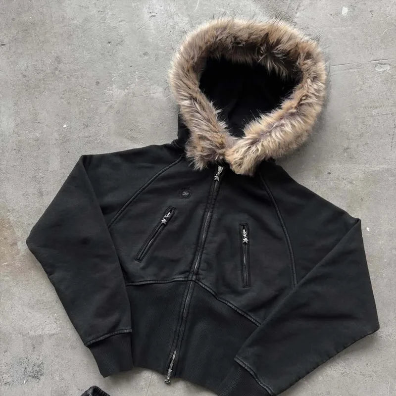 Fur collar cardigan zipper hooded jacket autumn and winter punk hip-hop rock dark style rock fashion all-match Y2K retro jacket