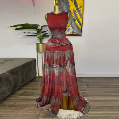 CM.YAYA Elegant Women Print Sleeveless Sweet O-neck Floor-Length Long Dress 2025 Beach Party Birthday Sexy Split Pleated Dresses