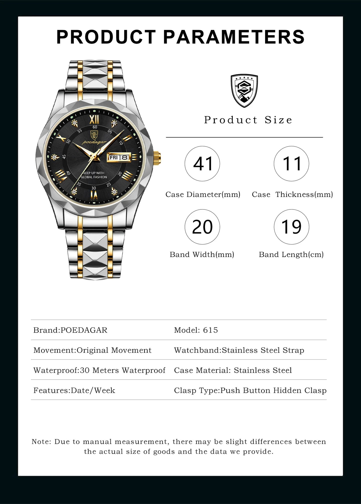 POEDAGAR Top Classic Men's Quartz Watches Waterproof Luminous Stainless Steel Man Wristwatch Date Week Original Men Watch Reloj