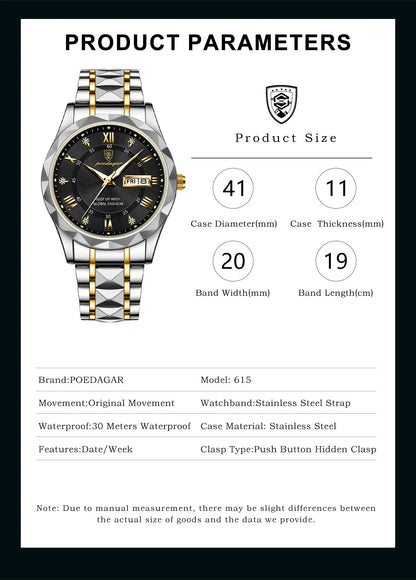 POEDAGAR Top Classic Men's Quartz Watches Waterproof Luminous Stainless Steel Man Wristwatch Date Week Original Men Watch Reloj