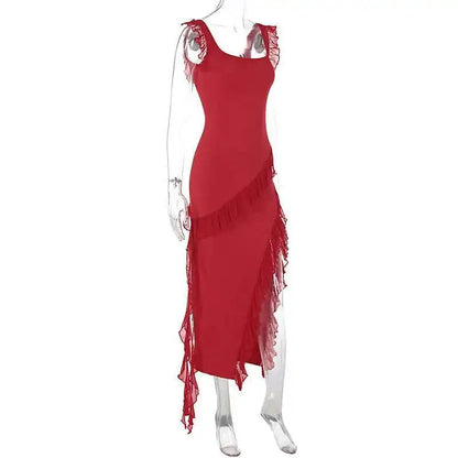 Giyu Sexy Ruffles Summer Dress 2025 Women Clothing Elegant Holiday Club Evening Party Dresses Slash Neck Split Bodycon Long Robe