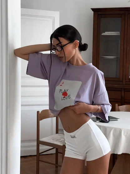 Bornladies 100% Cotton Poker Card Printed T-Shirt Women's Fashionable O-Neck Loose Short Sleeved Female Summer New Casual Top