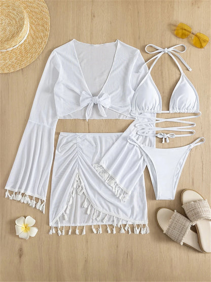 Sexy 4 Pieces Halter Bikinis Women Solid Swimwear Female Cover Up Swimsuit Long Sleeve And Skirt Bathing Suit Beachwear Summer
