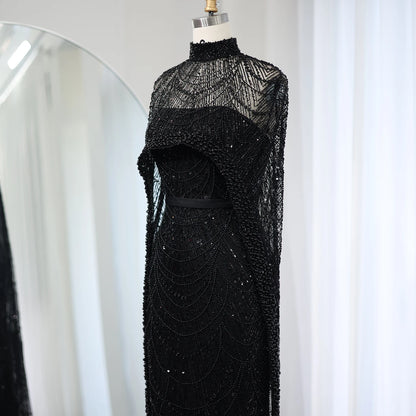 Sharon Said Luxury Pearls Dubai Champagne Evening Dresses with Cape New Arabic Women Mermaid Wedding Party Prom Dress SS369