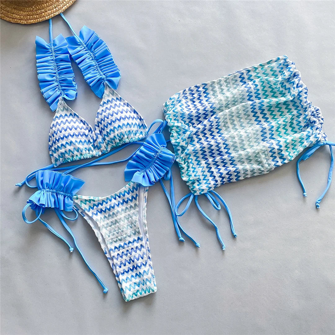 With Skirt Waved Ruffled Frilled Bikini Female Swimsuit Women Swimwear Three-pieces Bikini set Bather Bathing Suit Swim V5235