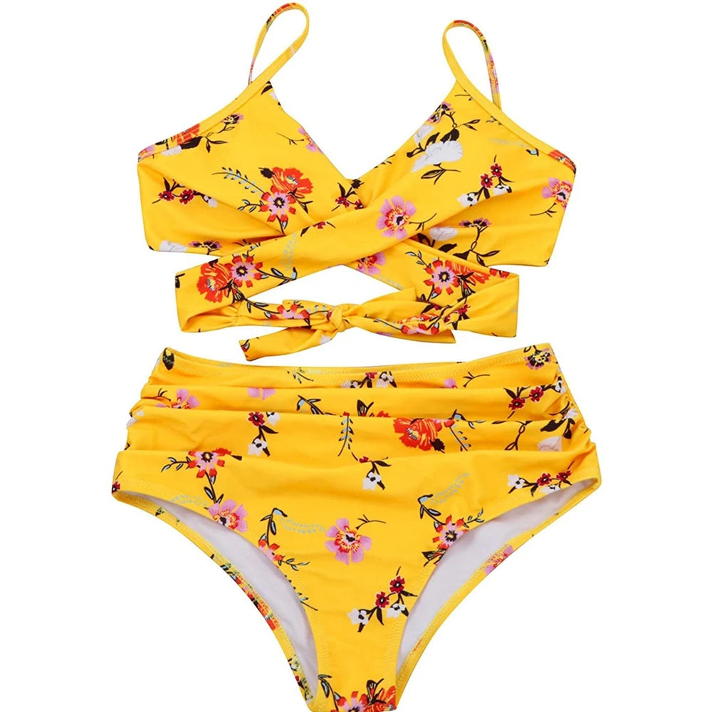 Hot 12 Colors Women Slim Bikini Sets High Waisted Sexy Swimwear 2 Pieces 2025 Solid/Floral Ruched Brazilian Swimsuit Cross Front