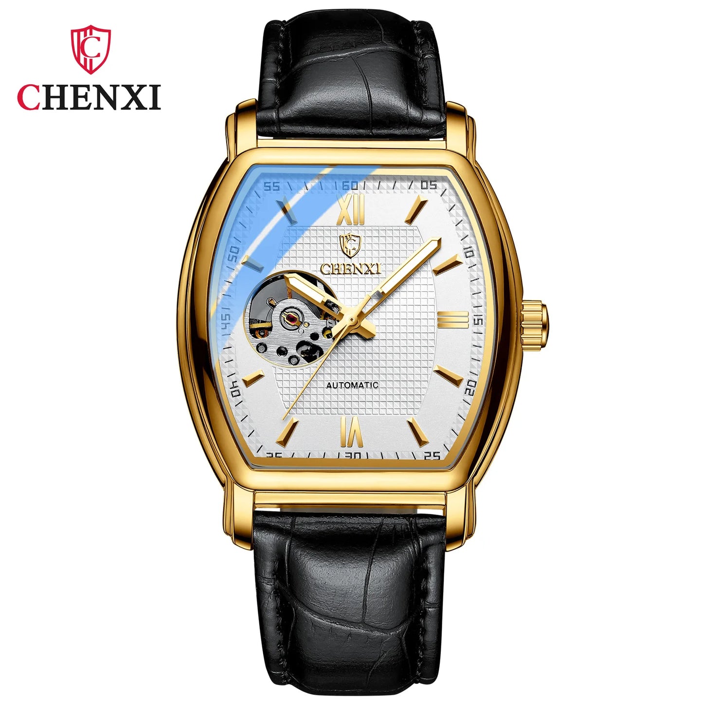 Automatic Mechanical Skeleton Man Watch Fashion Luxury CHENXI Watches For Men Business Leather Waterproof Tonneau Wristwatch