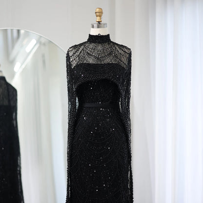 Sharon Said Luxury Pearls Dubai Champagne Evening Dresses with Cape New Arabic Women Mermaid Wedding Party Prom Dress SS369