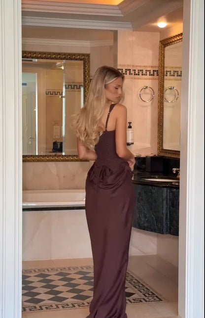 Solid Pleated Sling Dress Women Square Neck Sleeveless Off-shoulder Waist Cinching Slim Dresses Lady Evening Party Gowns 2025