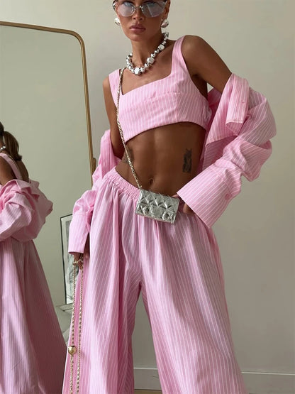 Women Low-rise Lantern Pants 3-piece Set Casual Striped Sleeveless Vest Long Sleeve Lapel Shirt Sets 2026 Lady Street Outfits