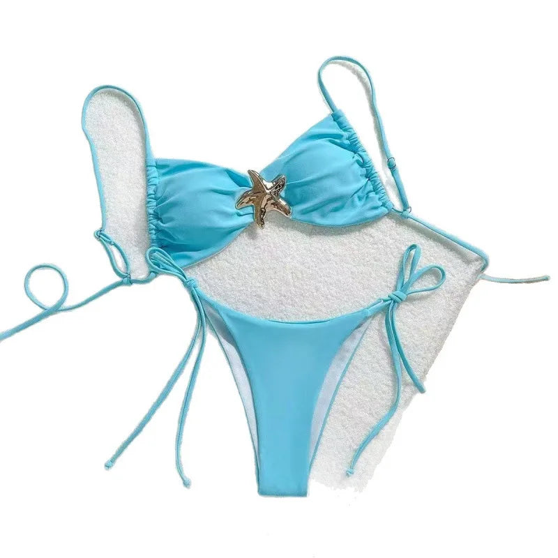 Sexy Solid Color Bikini Set Two Piece Swimsuit Pure Color Quick Dry Backless High Elasticity Nylon Fabric for Swimming And Wa...
