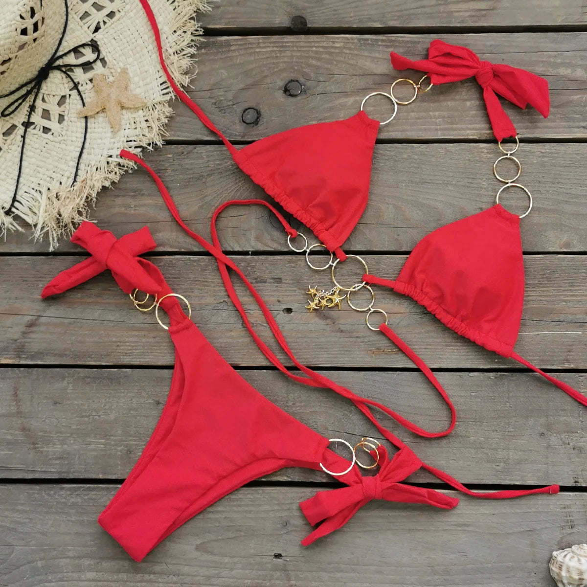 Brazilian Bikini Swimsuit for Women, Ring Linked Halter, Swimwear, Beachwear, 2025