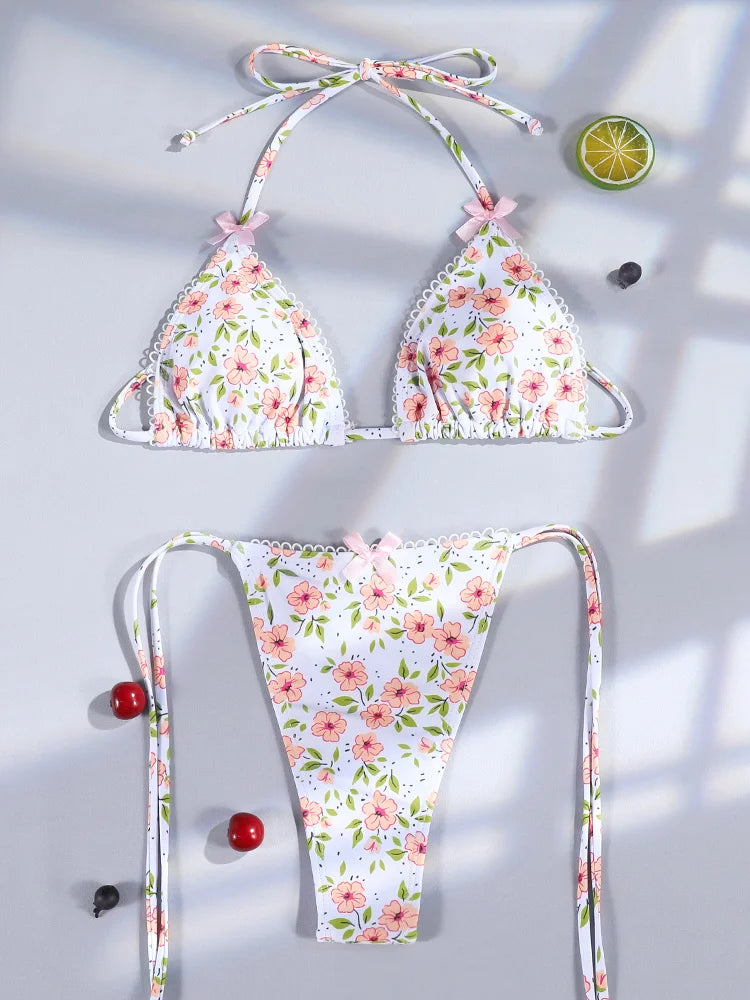 Triangle Bikinis Bow Swimsuit Women Sexy Swimwear Bandage Bikini Set Summer Biquini Female Beachwear Low Waist Thong Swimsuits